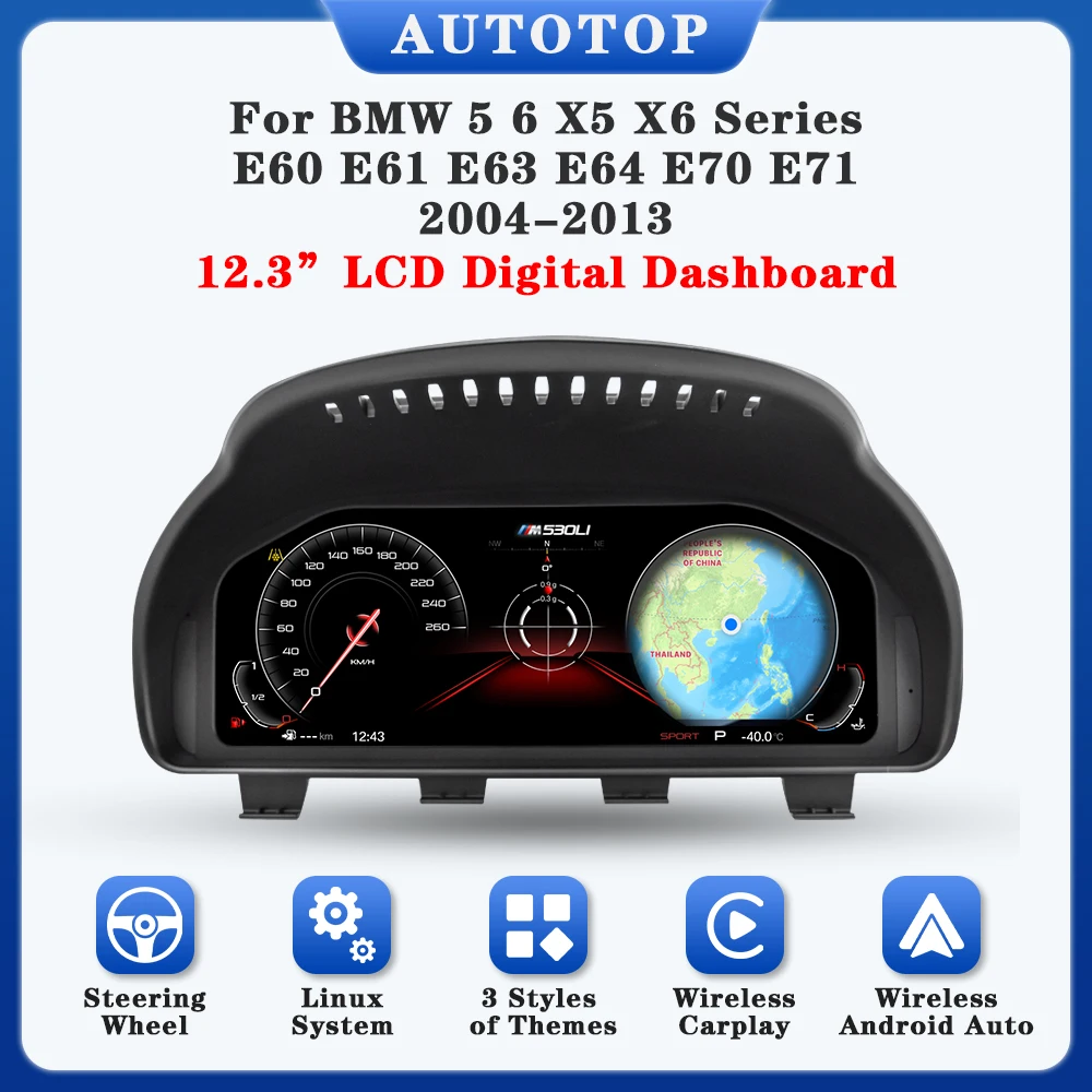 AUTOTOP 12,3" Carplay Android Auto Digital Dashboard Für BMW 5 6X5X6 Serie E60 E61 E63 E64 E70 E71 2004-2013,Airplay Autolink