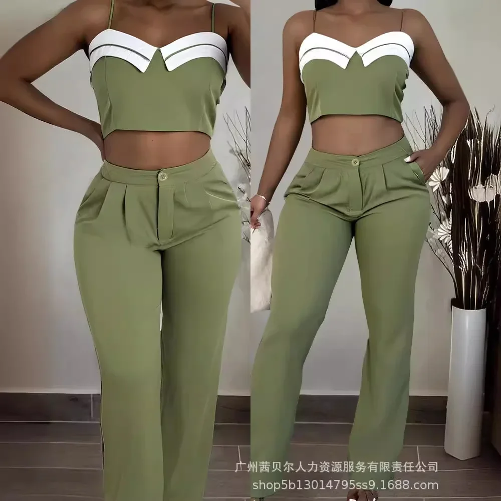 

Crop Cami Top & Ruched Pocket Design Pants Set Women Sleeveless Camis Tanks Tops High Waist Pants Suit Summer