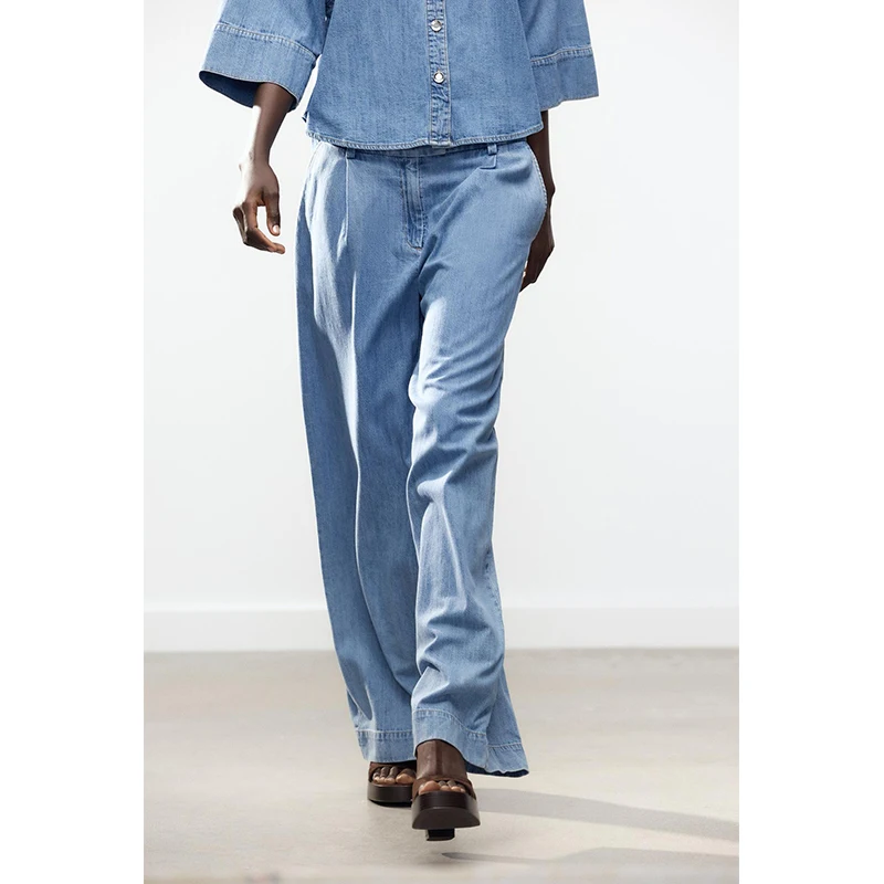 Eenvoudige brede Sve casual denim irt Tu geplooide wijde pijpen casual jeans hoge taille lente 2025, faion-set dameskleding