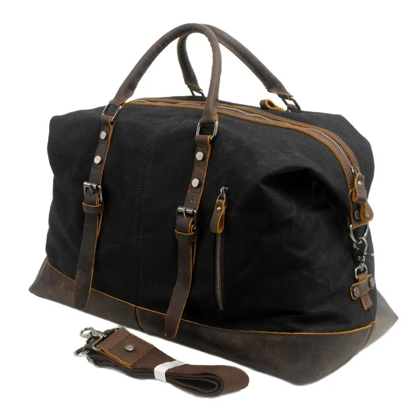 Waterproof Large Capacity Travel Duffel Bag Vintage European American Style Oil Wax Canvas Crazy Horse Leather Crossbody Bag
