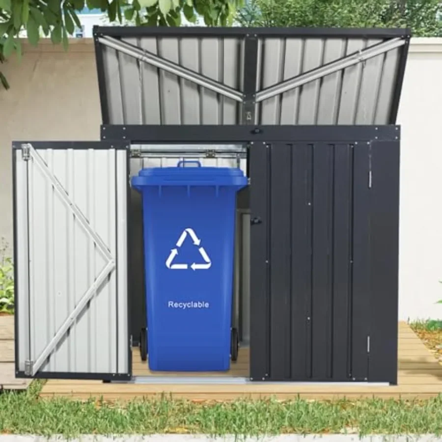 Outdoor metal bin shed for garbage cans and garden use, galvanized steel, gray, heavy-duty with 2 lockable doors, sloped roof,