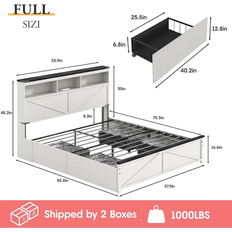 إطار سرير كامل الحجم للمزرعة مع 48 لوح رأسي للتخزين طويل القامة، منصة خشبية لغرفة النوم، إطار سرير بدون صندوق زنبركي، 4 أدراج تخزين