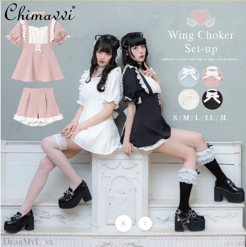 Japanese Sweet Lolita Style Two-Piece Fashion Square Collar Wooden Ear Shirt Shorts Slimming Fitted Waist Bowknot Short Sets