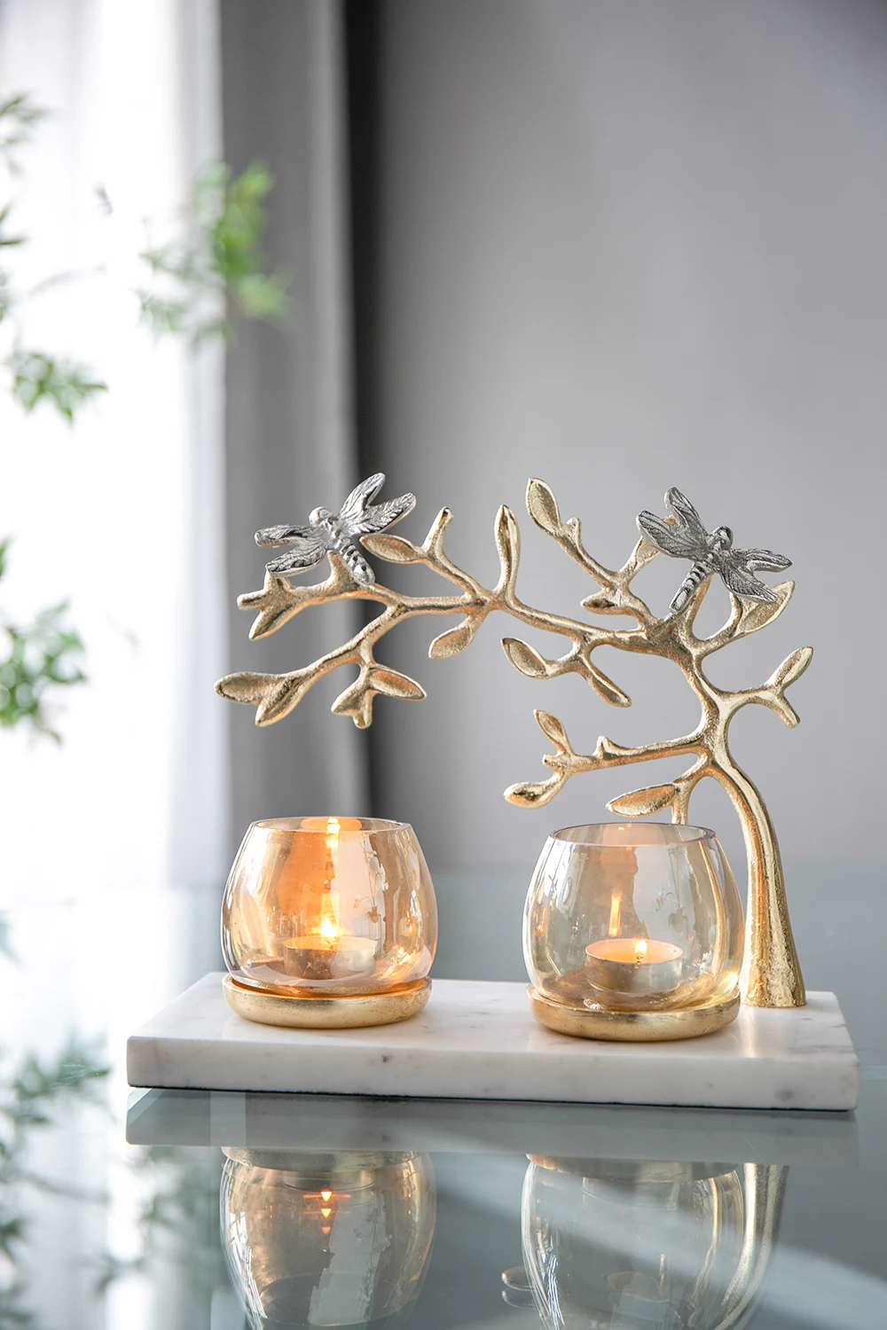 Turtleback Leaf 5 Heads Candle Holder Romantic Candlelight Tree Candle Holder Aluminum Flower Bird Marble Base Home Decoration