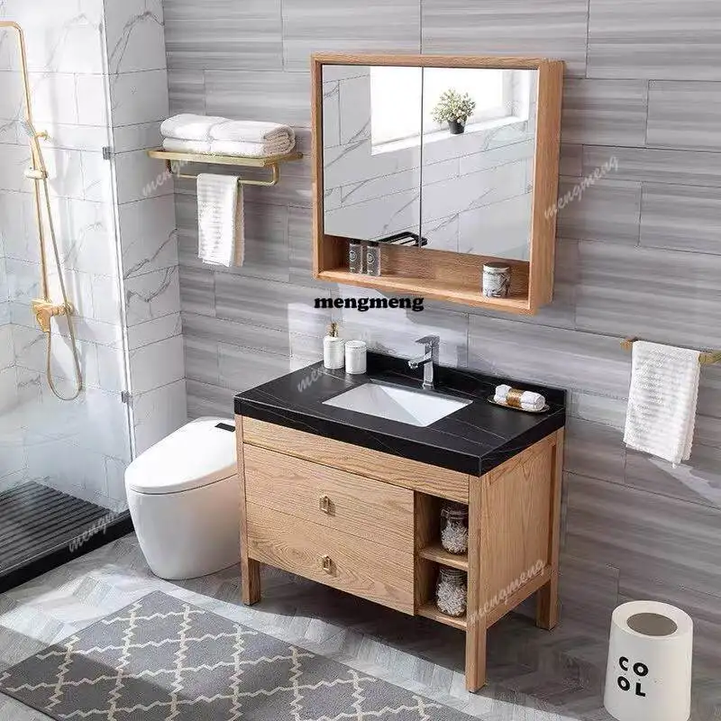 

Slate ceramic seamless basin bathroom cabinet combination small apartment log color sink basin cabinet floor-to-ceiling sink oak
