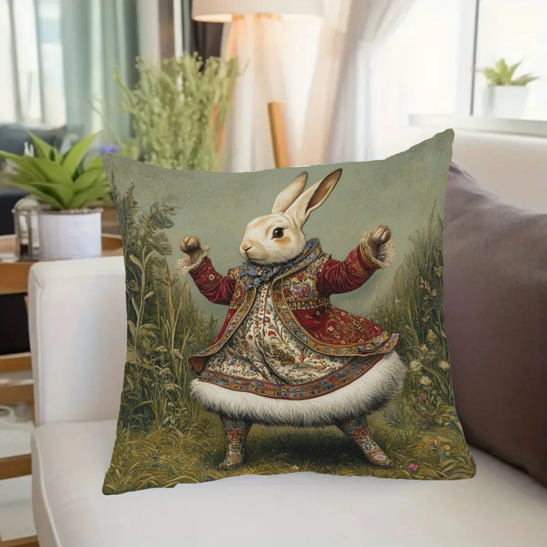 1pc Rabbit Lover Living Room Pillow Cover, Polyester 2D Double-Sided Print, Victorian Dressed Bunny Cushion, Perfect Gift for Wh