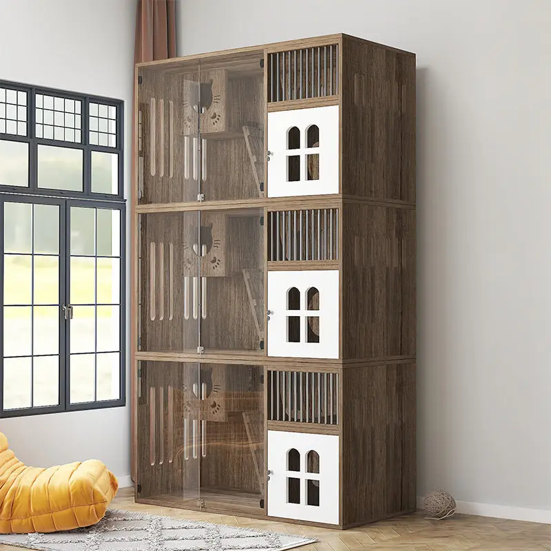 Household solid wood cat cage indoor cat cabinet tempered glass multi-storey cat villa