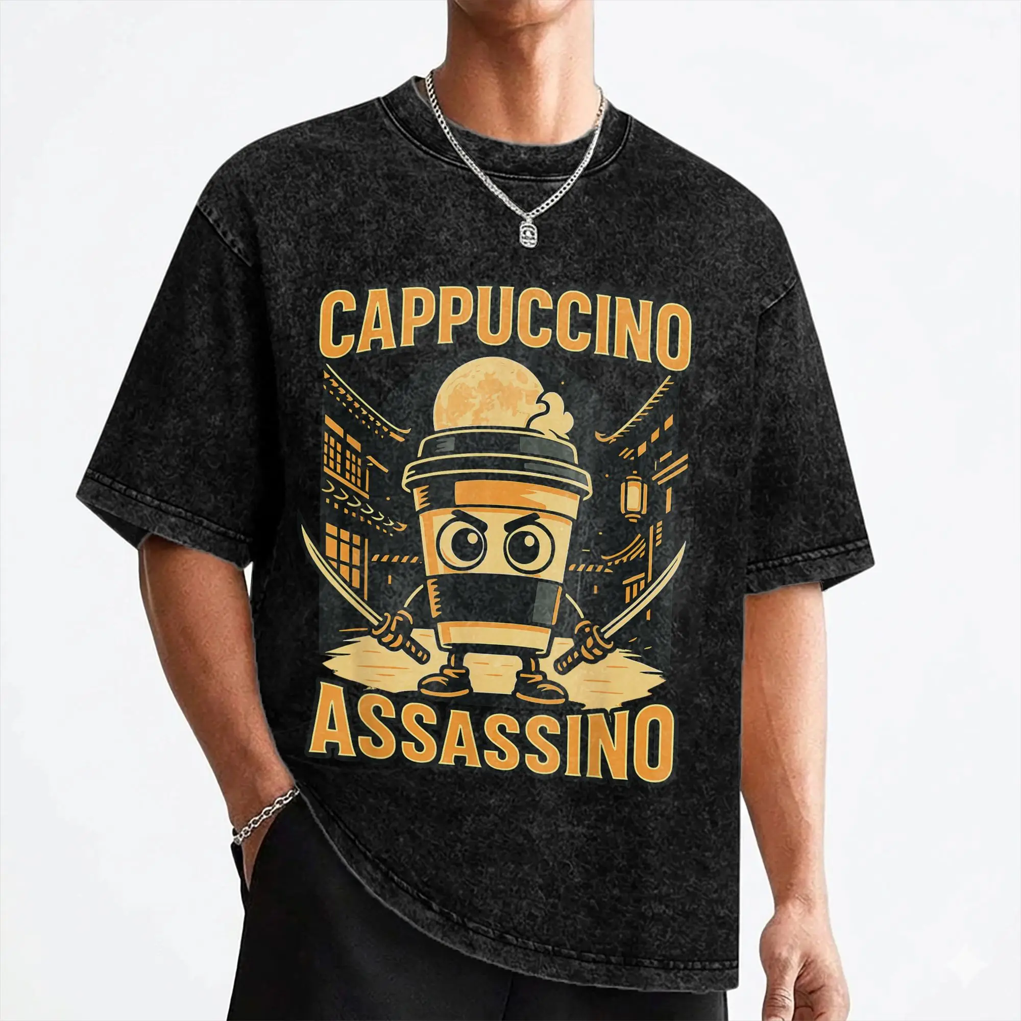 Italian Brainrot Cappuccino Assassino Washed T Shirts Streetwear Hip Hop T-Shirts  Tees for Men Women Short Sleeve Oversize