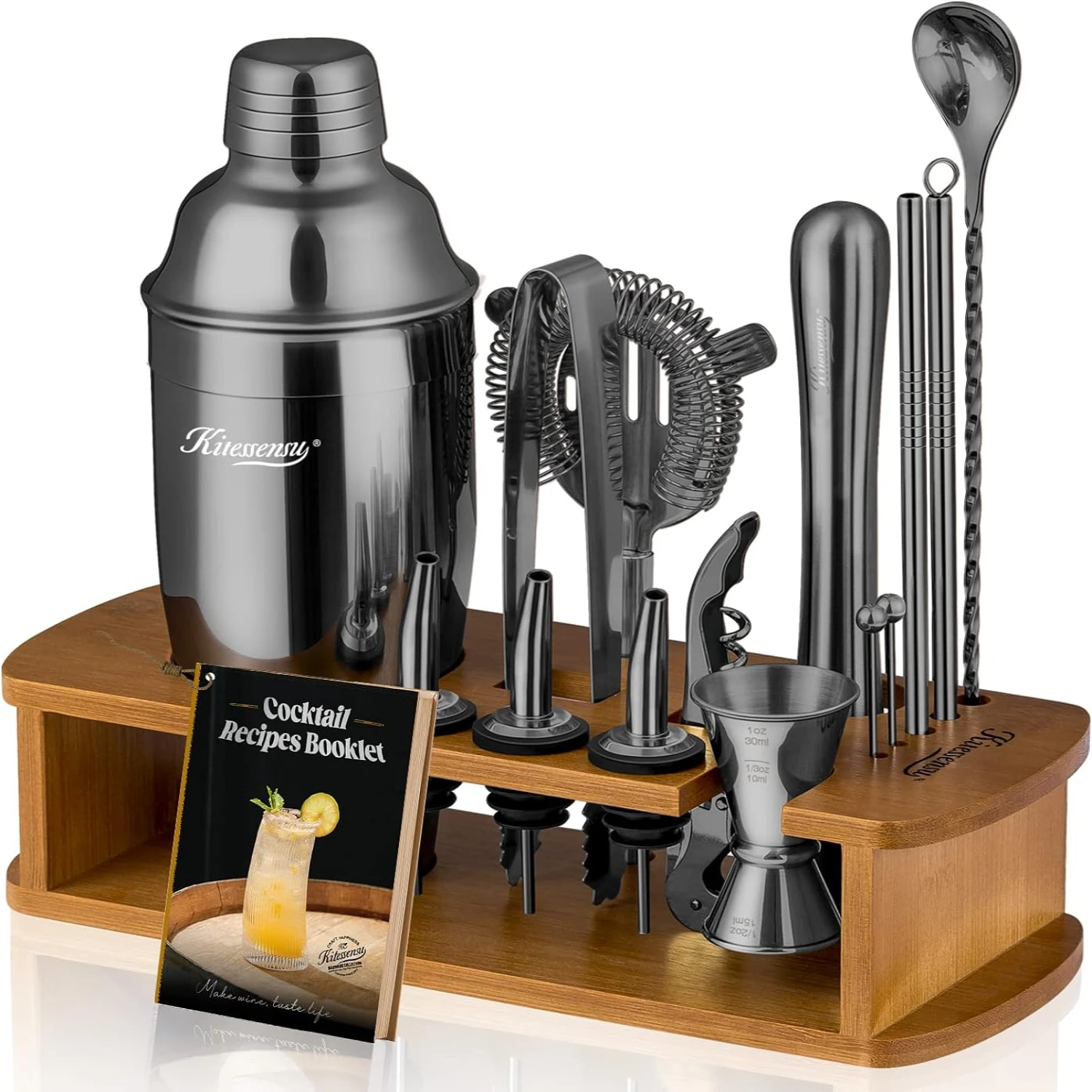 

Complete Bartender Kit with Stand | Premium Cocktail Shaker Set Including all Essential Accessories - Shaker, Jigger, Strainer,
