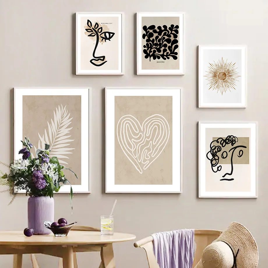 Abstract Boho Leaves Lines Face Heart Sun Wall Art Canvas Painting Nordic Posters and Prints Wall Pictures for Living Room De