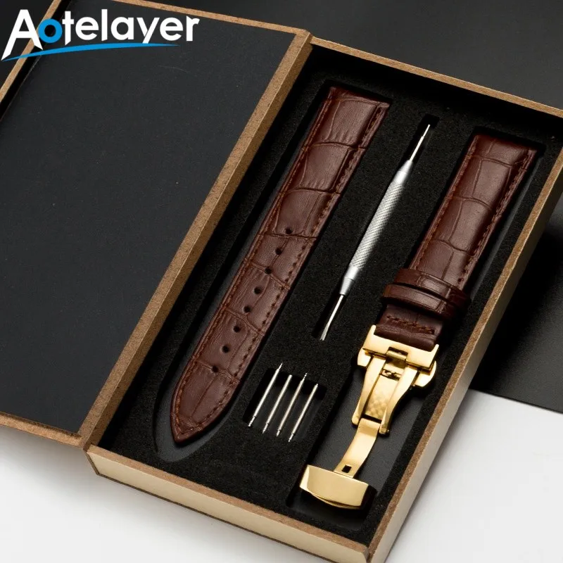 14 16 18 20 22 24mm High Quality Waterproof Leather Watch Strap Stainless Steel Butterfly Buckle Watch Accessories with Box