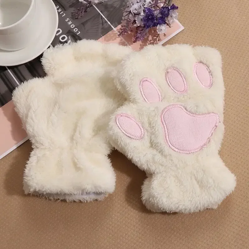 Warm Plush Bear Claw Gloves Women Kawaii Lovely Soft Cat Paw Fingerless Mittens Winter Thickened Fluffy Half Finger Gloves