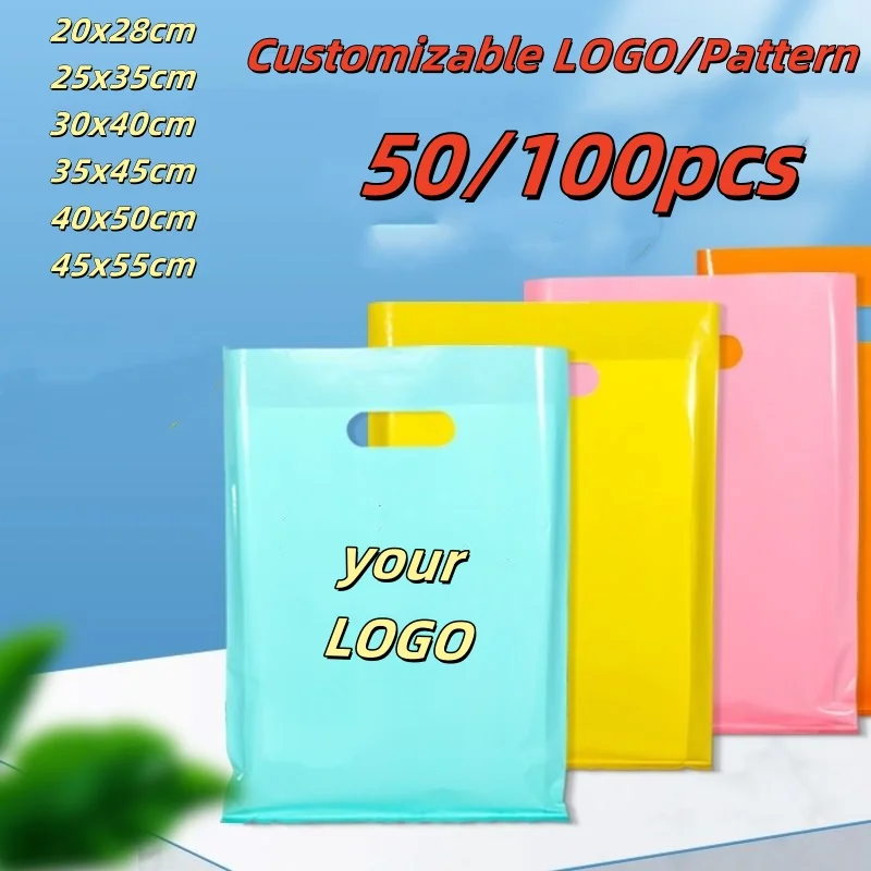 50/100pcs with Handles Gift Bags Customized Logo Mall Shopping Bags  Commercial Clothing Store Printed Plastic Packaging Bags