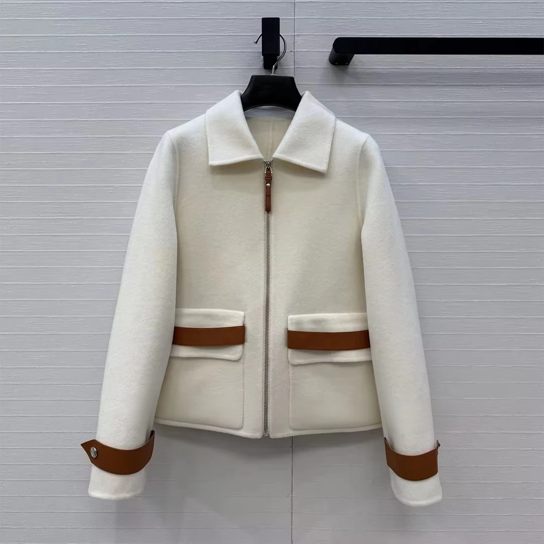 2026 New Fall Winter 100% Sheepskin Leather Pockets Double-sided Woolen Coat Women Lapel Long Sleeve Zipper Chic Design Jacket