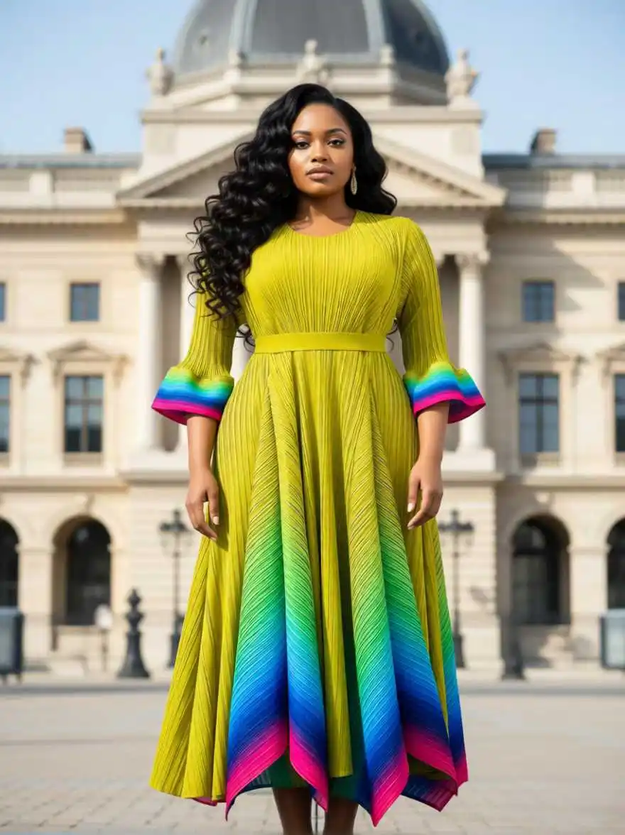 EGRM Niche Chic High Elasticity Pleated Gradient Women's Dress Loose O Neck 2026 New Irregular Elastic Female Clothing 7GR3529 - view 3