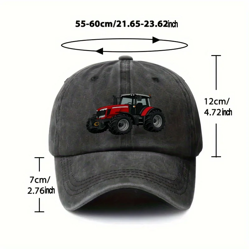Tractor Print Washed Denim Baseball Cap Unisex Adjustable Outdoor Sun Hat for Tractor Enthusiasts