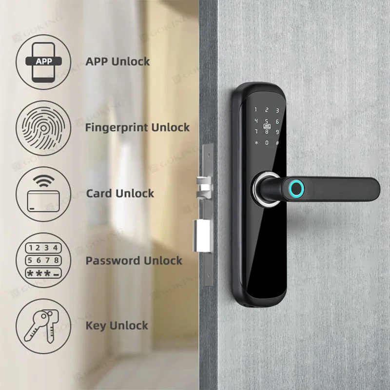 Goking best price cheap tuya app smart lock home apartment fingerprint door lock rfid card swipe keyless front door lock hotel