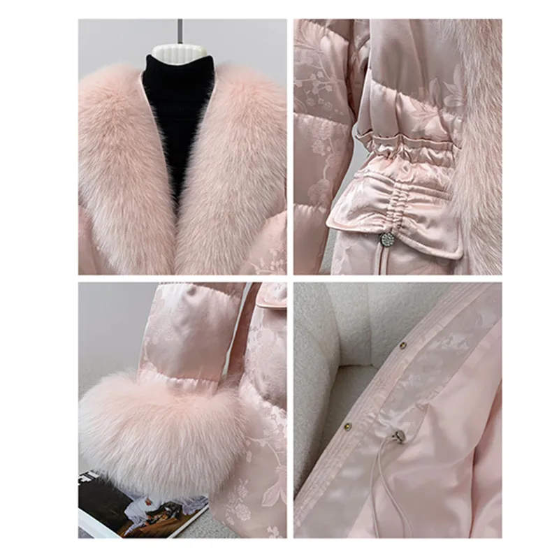 معطف فرو الثعلب للنساء الراقية 2026 منتصف إلى طويل التخسيس الشتاء أوزة أسفل معاطف أنثى موضة معطف باركر دافئ #3