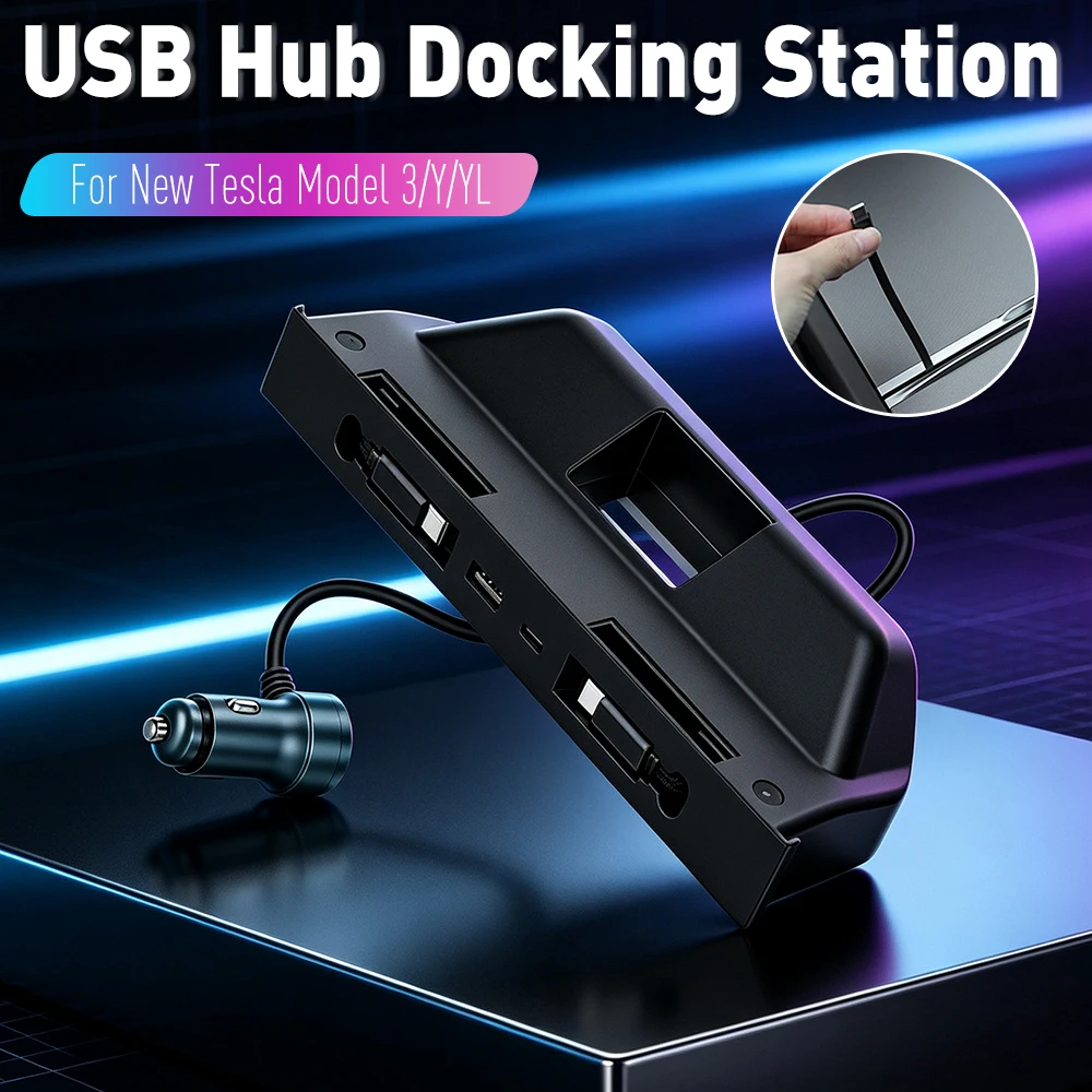 Charger Expansion Dock for Tesla ModelY/YL/3 Muti-Ports Charging Hub 60W Dual Type-C Retractable Cables for Center Console