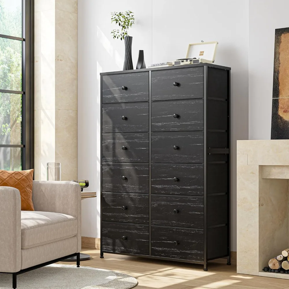 High Capacity Tall Dresser in Black for Bedroom, 12 Drawer Storage Solution