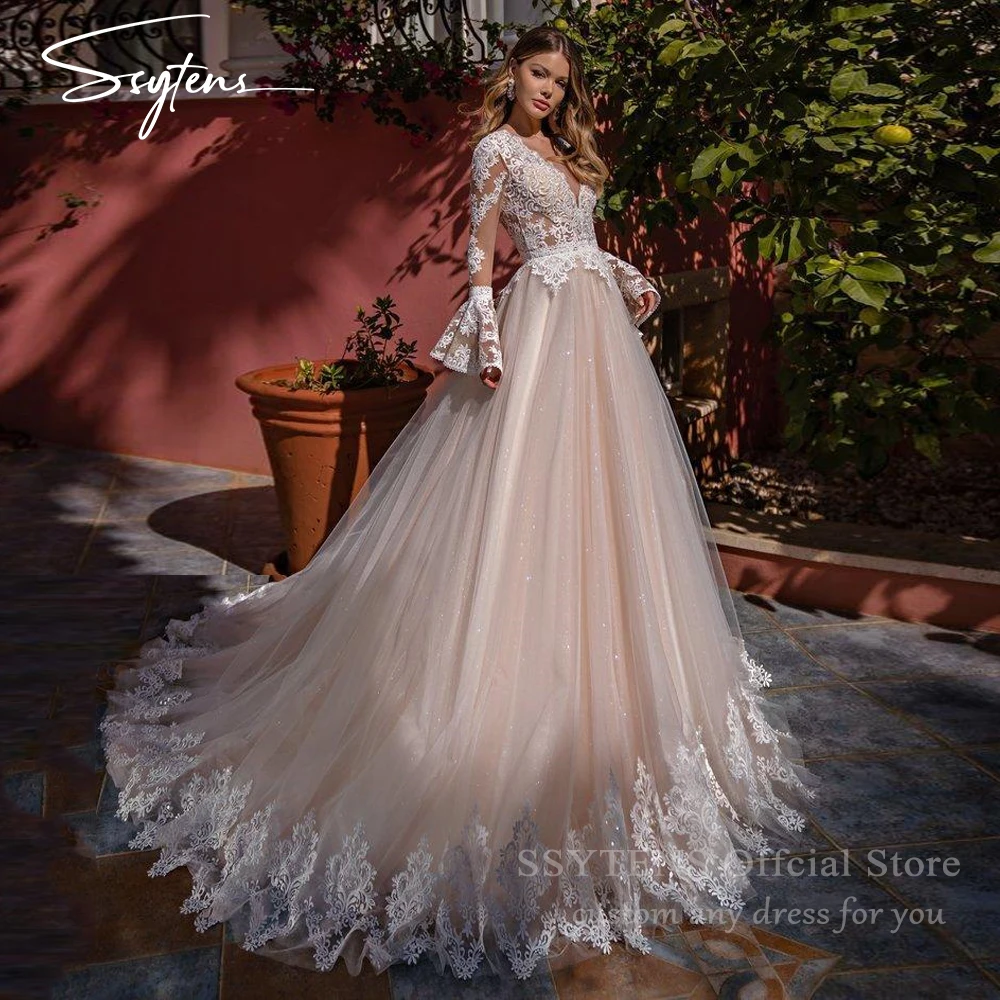 

SSYTENS Luxury Princess 2025 Wedding Dresses Lace Applique Gown Bridal Dress Full Sleeves Tulle Long Train Customized Bride Gown