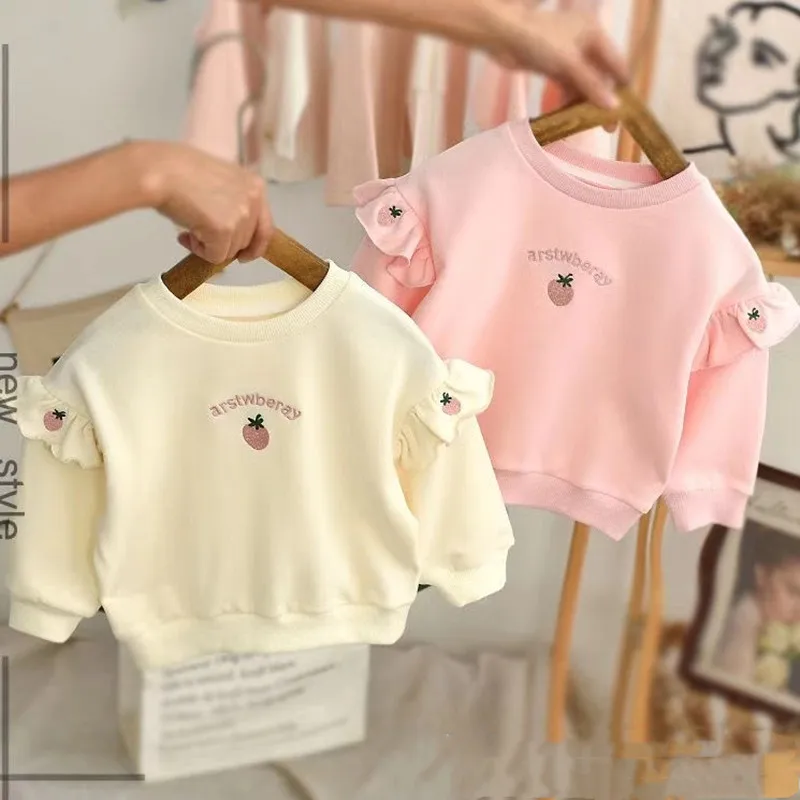 Kids T-Shirts Spring and Autumn New Childrens Hoodie Lotus Leaf Sleeves Embroidered Fashion Top Babys Stylish Round Neck Clothes