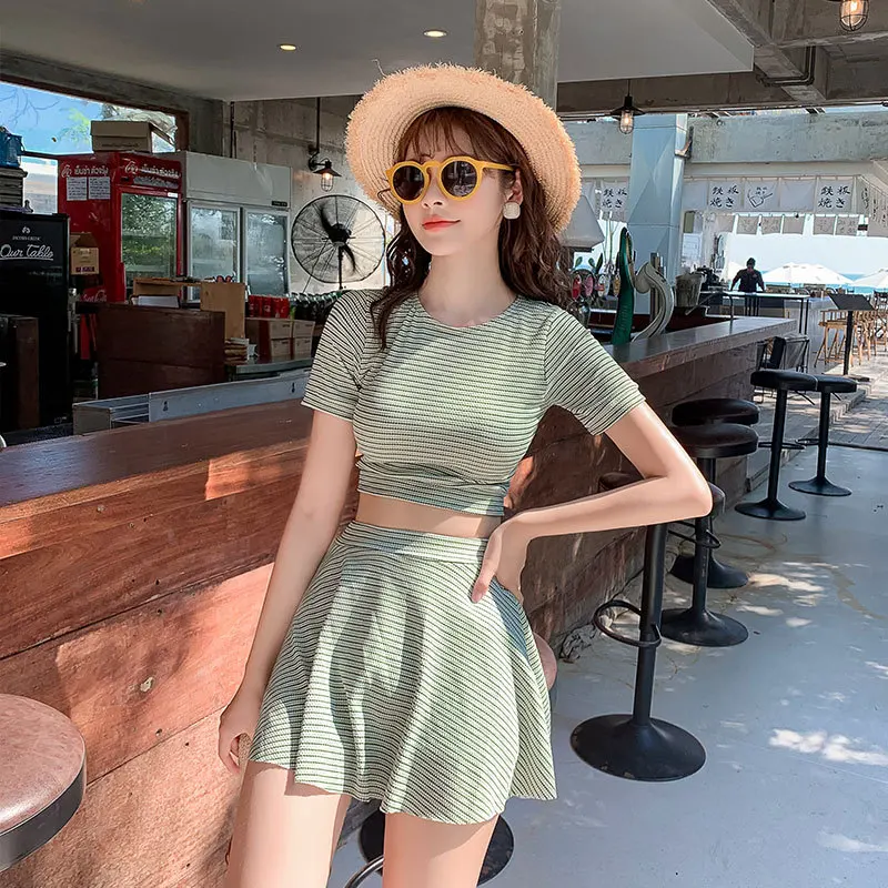 High waist split bikini swimsuit women's summer conservative flat angle thin short sleeve striped Japanese swimsuit 2024 new