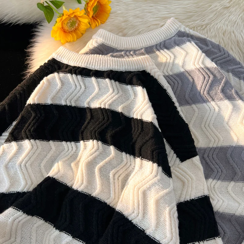 

Loose Men's Knitted Sweater Autumn Winter Large Size 35kg Japanese Sle Striped Casual Overhead Knitwear Outerwear