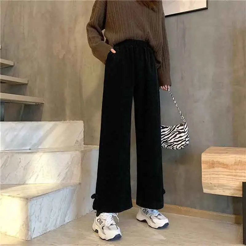 Zoki Autumn Women Wide Leg Pants High Waist Korean Winter Thick Warm Casual Trousers Loose Solid Preppy All Match Straight Pants