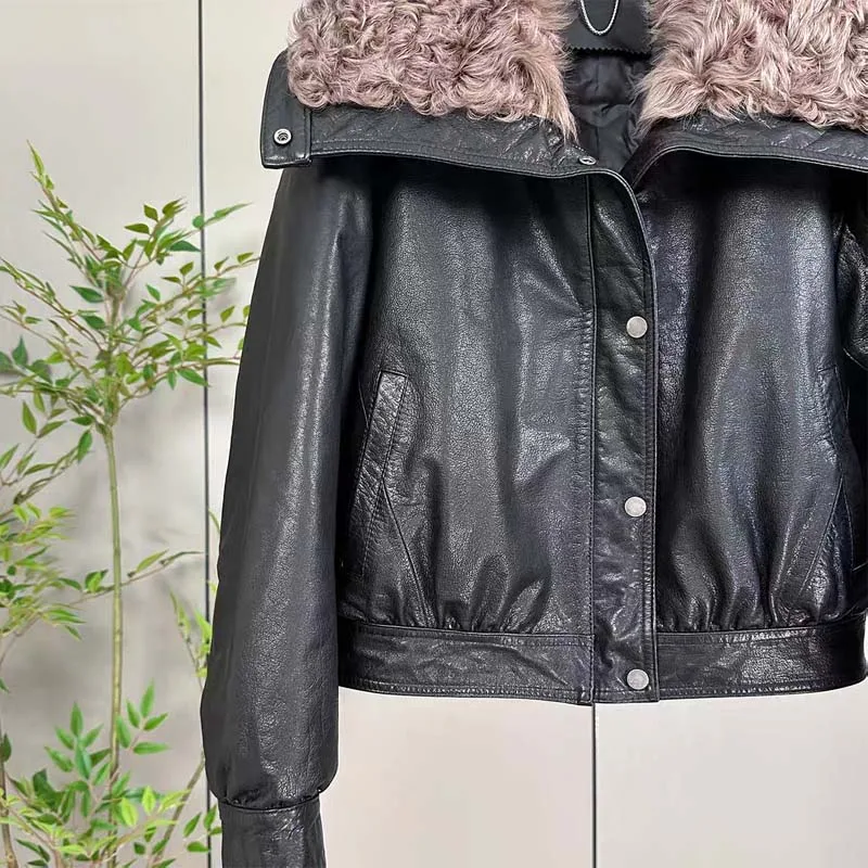 cappotto da donna invernale Piumino in pelle spesso caldo di alta qualità corto collo in vera pelliccia di lana vera pelle di pecora