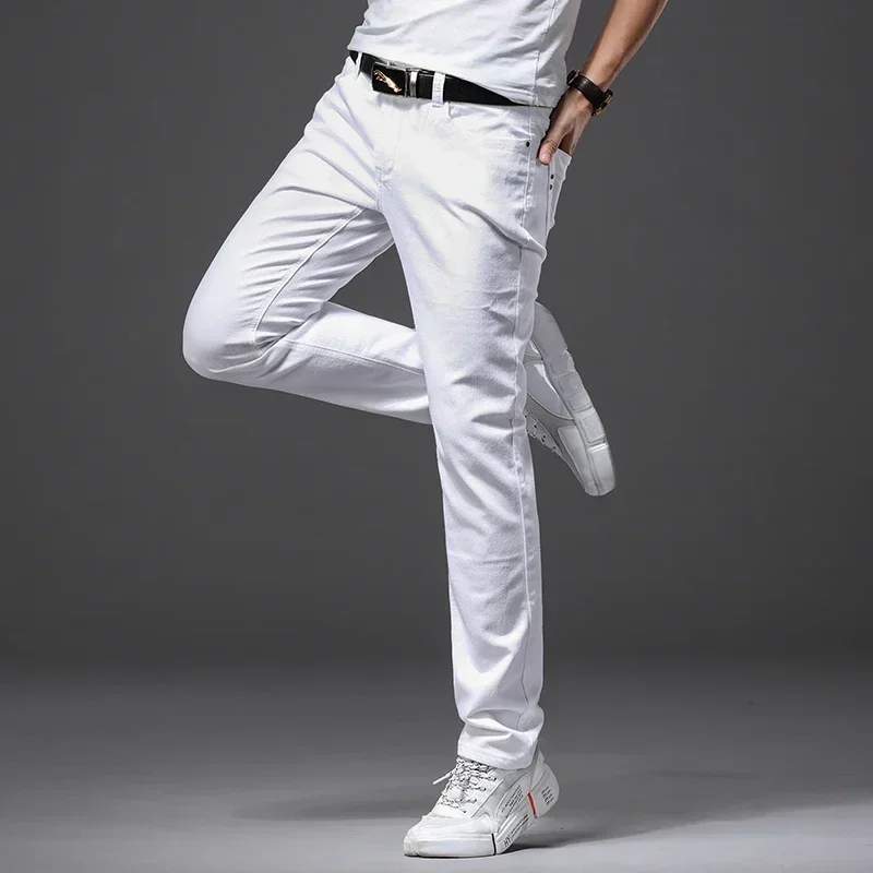 Summer White Slim Trousers Soft Stretch Denim Men Jeans Fashion Casual Classic Style Male Brand Advanced Pants