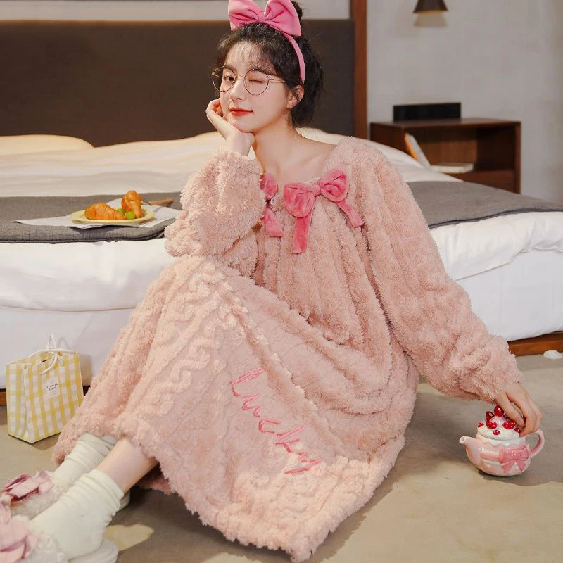 Plus Size 4XL Sweet Girl Flannel Long Nightdress Sleepwear Winter Thickened Coral Velvet Nightgown Home Dress Loose Lounge Wear