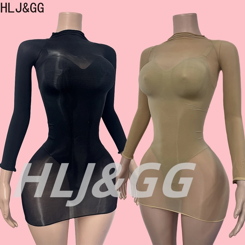 

HLJ&GG Sexy Mesh See Through Bodycon Mini Dress Women Round Neck Long Sleeve Slim Dress+Bodysuits 2pcs Suits Fashion Streetwear