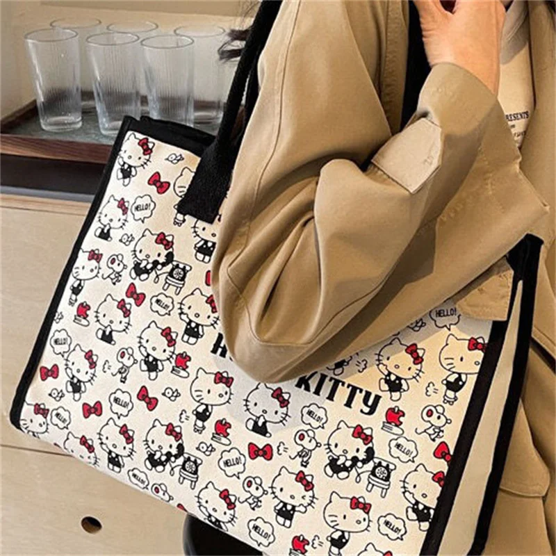 Hello Kitty All Match Retro Canvas Bag Women Commuter Shoulder Handbag Girl Student Large Capacity Cartoon Schoolbag