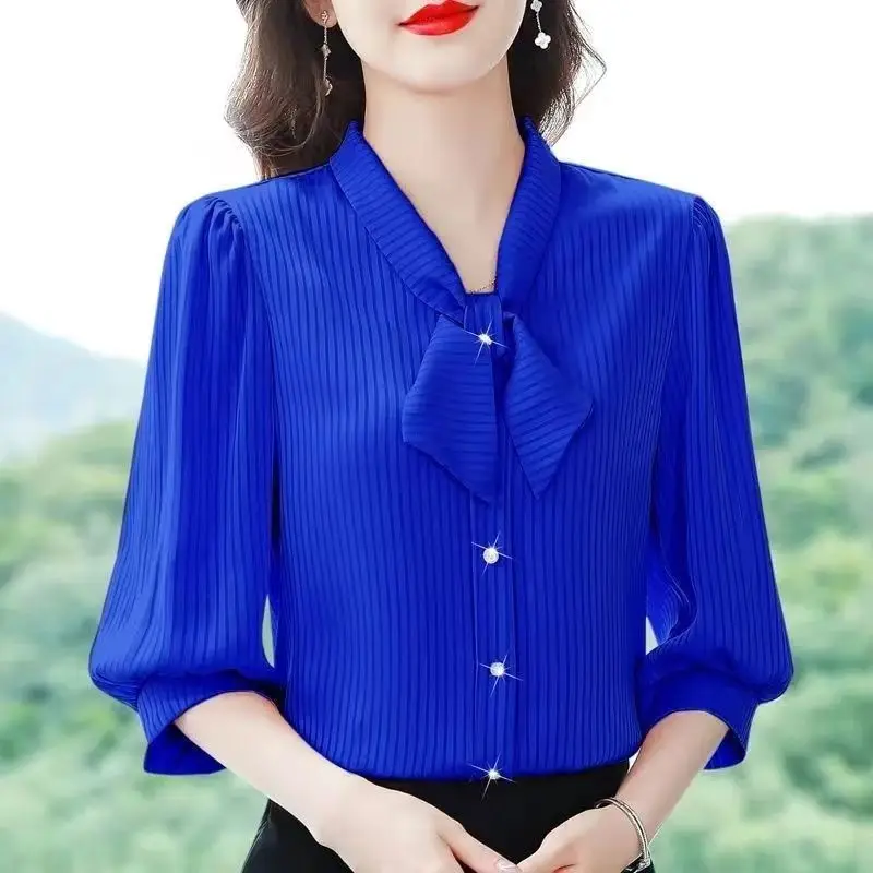 Elegant Solid Chiffon Shirt Three Quarter Sleeved Summer New Style Office Lady Bow V-Neck Striped Print Patchwork Button Blouse