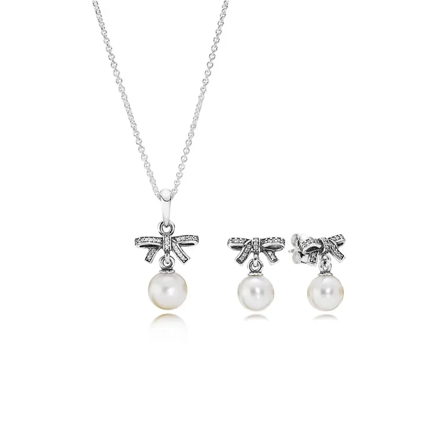 Fashion Europe 925 Sterling Silver Bow Silver Pendant,Earring,Ring,Necklace with Pearl Jewelry Set for Women's Anniversary Gift