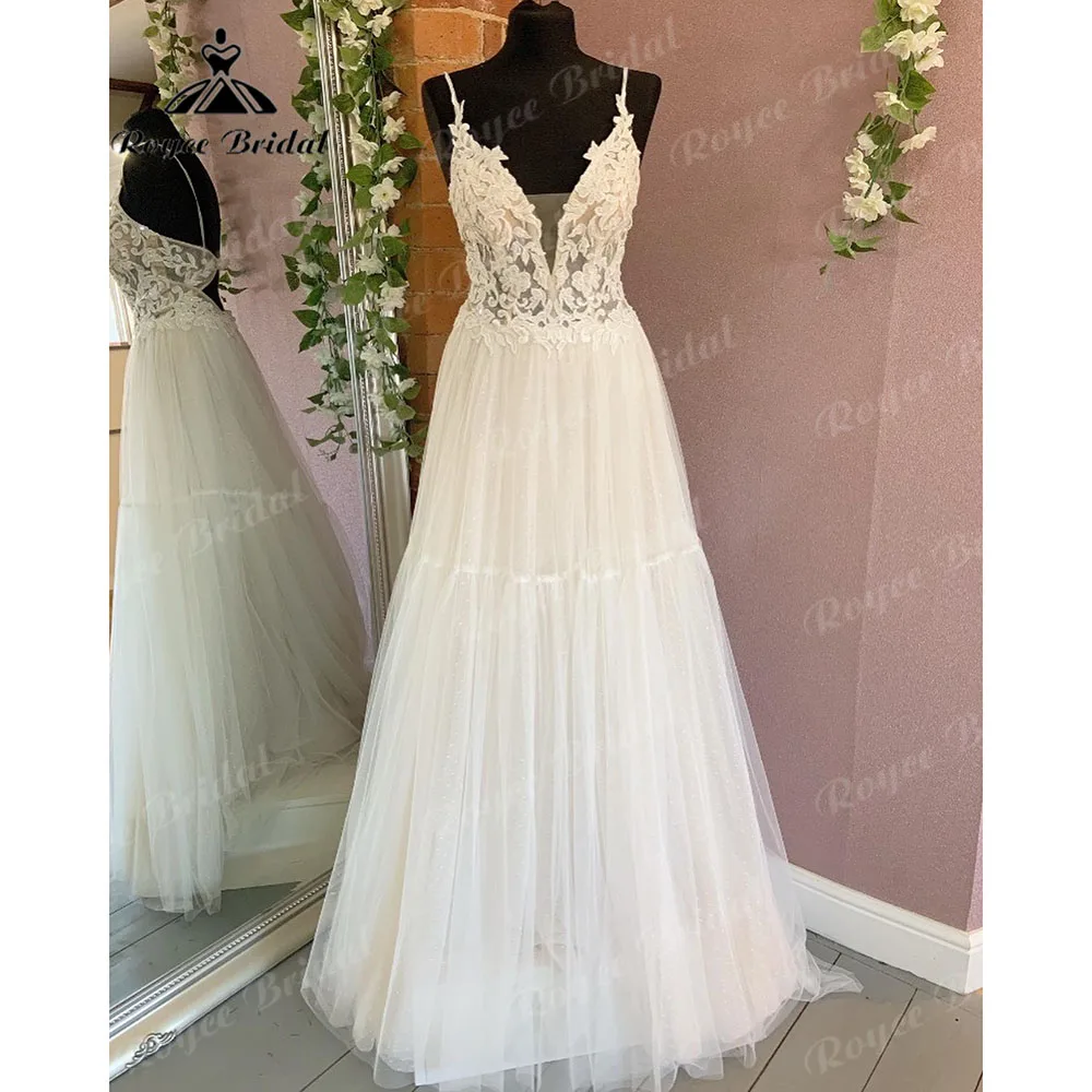 Estate civile Boho scollo a V pizzo corpetto abito da sposa 2024 spalline da spiaggia abito da sposa abito da sposa abito da sposa