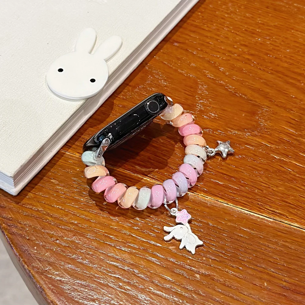 Cartoon Rabbit Charm Strap for IWatch Series 11 10 9 8 SE Telephone Line Elastic Bracelet for Apple Watch 44mm 40 45 42 41 46 49