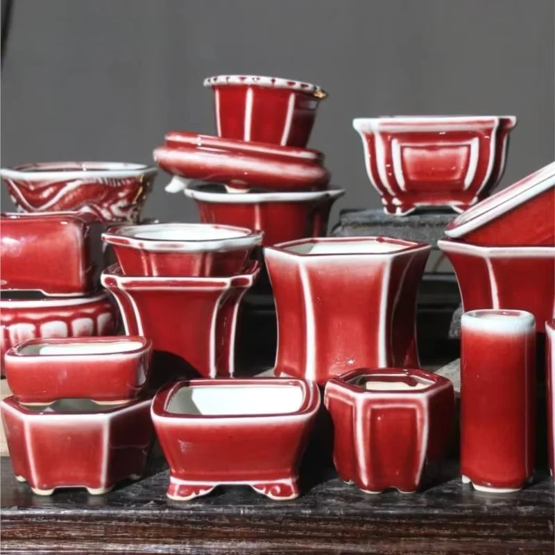 Maceta de cerámica suculenta roja bonsái, horno, transformación flores arena púrpura, maceta de flores hecha