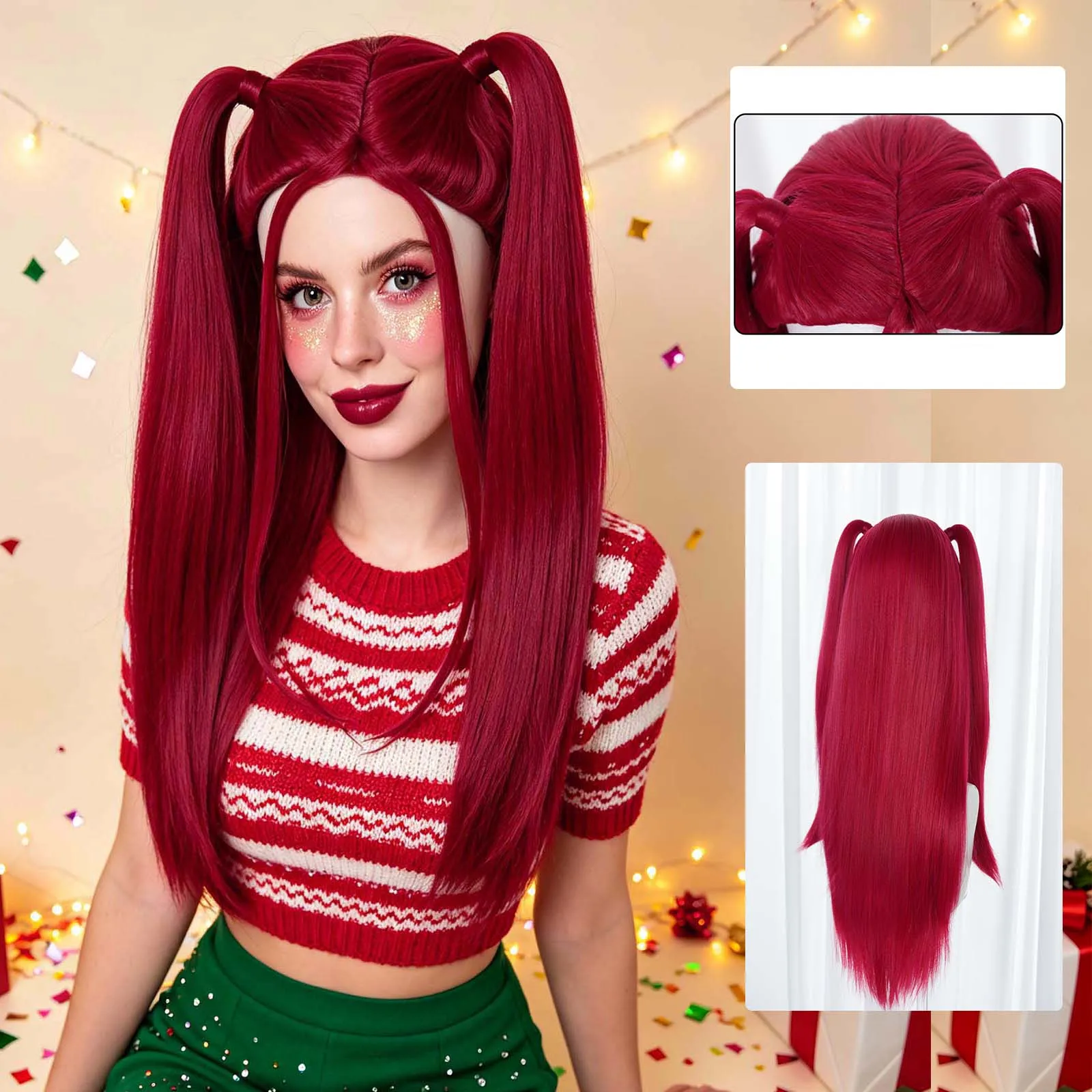 Wine Red Twin Tails Cosplay Wig Long Straight Detachable Ponytail Synthetic Anime Wig For Christmas Party Halloween Dress Up