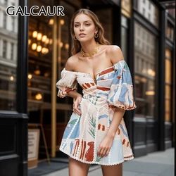 GALCAUR Print Strpless Dress Women Slash Neck Off The Shoulder High Waist Spliced Zipper Slimming A Line Mini Dresses Summer New