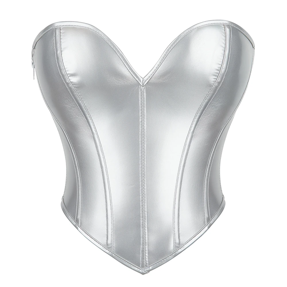 Side Zipper Bustier Crop Top Short Torso Overbust Corset Silver Heart Shape Shaper