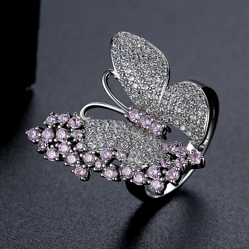 LUOTEEMI Pink Butterfly Adjustable Medium Size Sweet Ring for Girls Shine Cubic Zirconia Cute Party Birthday Gifts Wedding Ring