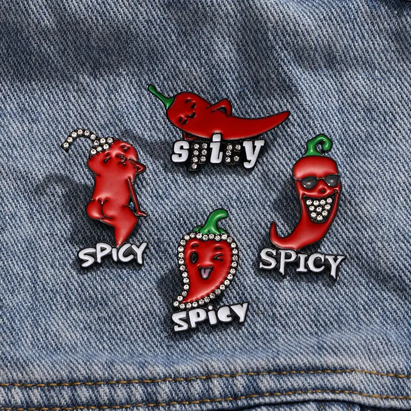 Creative Funny Red Pepper Theme Crystal Pins Cute Chilis Figure Spicy Enamel Brooches Cheap Vegetable Jewelry Wholesael