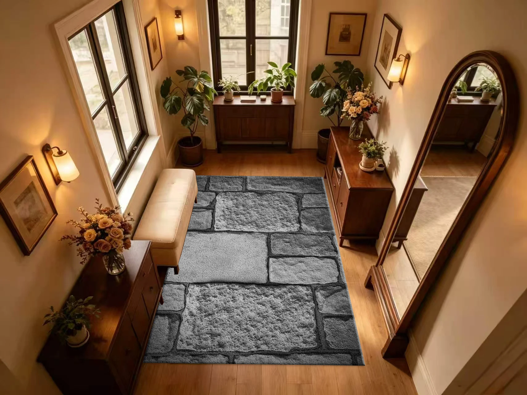 Grey Retro Stone Brick Texture Carpet Flooring Rustic Rough Rock Wall Pattern Floor Rug Industrial Style Home Indoor Decoration Mat