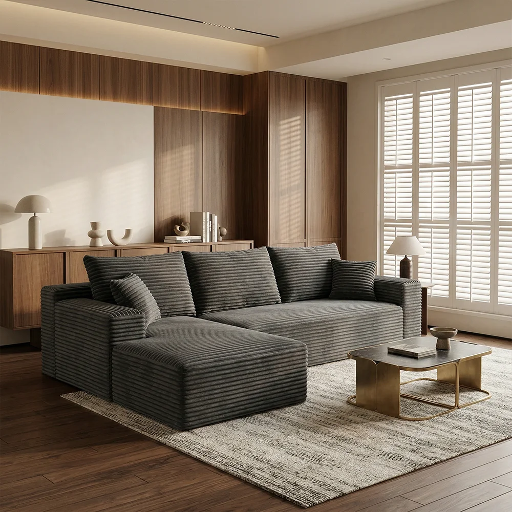 Dark Gray Corduroy L Shaped Compression Sectional Sofa with Chaise Ottoman Vacuum Packed No Assembly Fluffy Striped Fabric Couch for Living Room Apartment