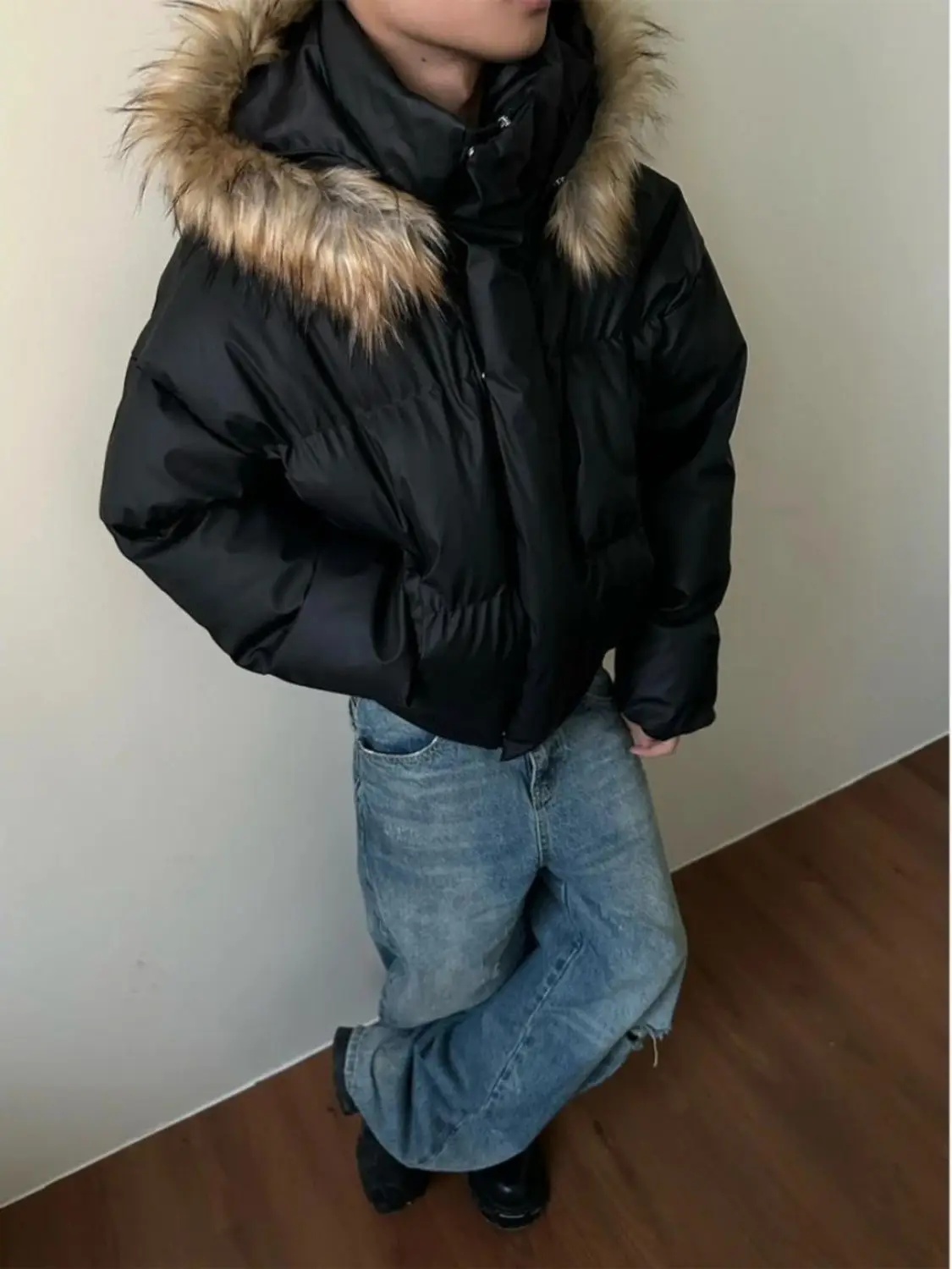 Abrigos cortos americanos de cuero PU para hombre, chaquetas con capucha con cuello de piel holgado de invierno, prendas de vestir exteriores cálidas y gruesas, ropa de calle gótica Punk