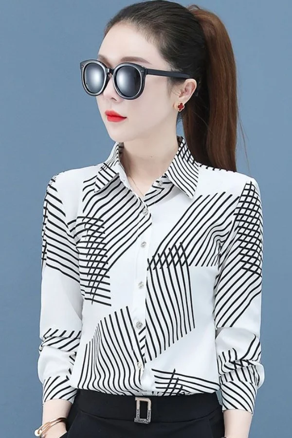 

Dopamine Chiffon Long Sleeve Shirt Women's Autumn Casual Blouse Stylish Top for Middle-aged Moms