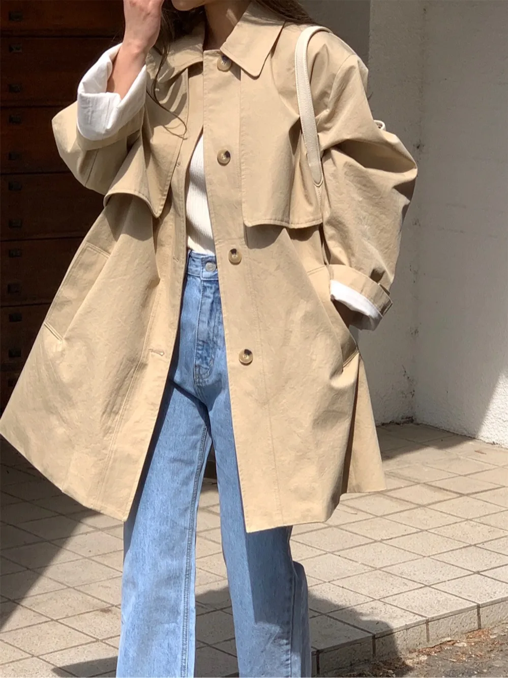 Faionable Briti Sle Long Coat Women's Jaet with Large kets Single Button Collar Stand up Spring Autumn Winter Coat