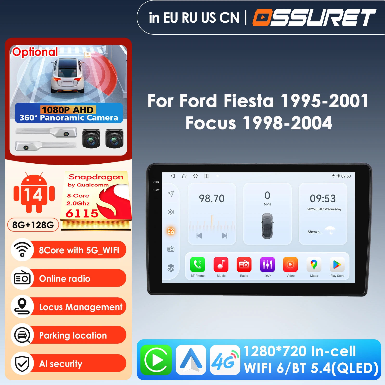 Radio de coche Android OSSURET para Ford Fiesta 1995-2001 Focus MK1 1998-2004 Carplay Android Auto reproductor Multimedia DSP GPS Autoradio